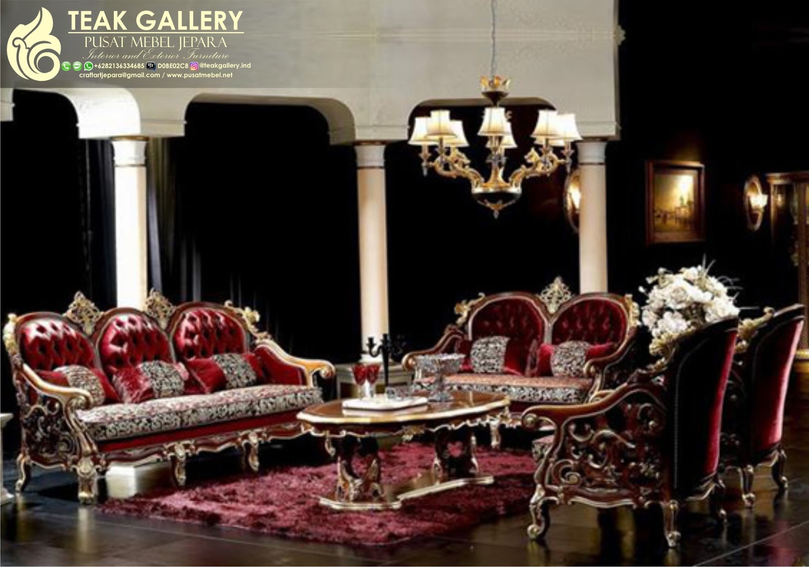 Teak Gallery Jepara Set Sofa Tamu Classic Italian Metallic Red Teak Gallery Jepara Set Sofa Tamu Classic Italian Metallic Red