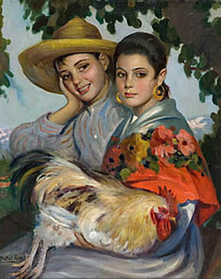Chicos con Gallina Victor Moya Calvo, Pintor Valenciano, Pintura Valenciana