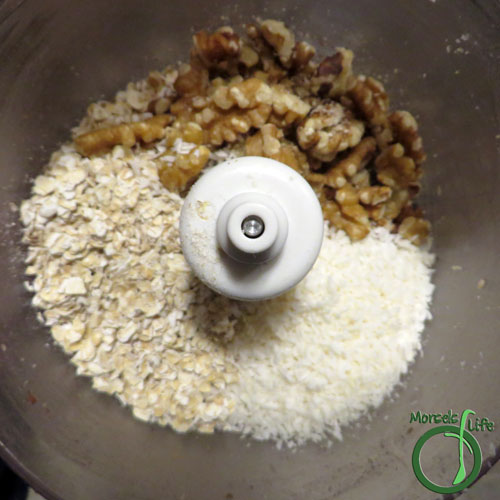 Morsels of Life - Coconut Walnut Bars Step 2 - Pulse together walnuts, coconut, and oatmeal until crumbly.