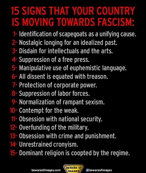 Graphic:  15 Signs That Your Country Is Moving Towards Fascism.  1.  Identification of scapegoats as a unifying cause.  2.  Nostalgic longing for an idealized past.  3.  Disdain for intellectuals and the arts.  4.  Suppression of a free press.  5.  Manipulative use of euphemistic language.  6.  All dissent is equated with treason.  7.  Protection of corporate power.  8.  Suppression of labor forces.  9.  Normalization of rampant sexism.  10.  Contempt for the weak.  11.  Obsession with national security.  12.  Overfunding of the military.  13.  Obsession with crime and punishment.  14.  Unrestrained cronyism.  15.  Dominant religion is coopted by the regime.