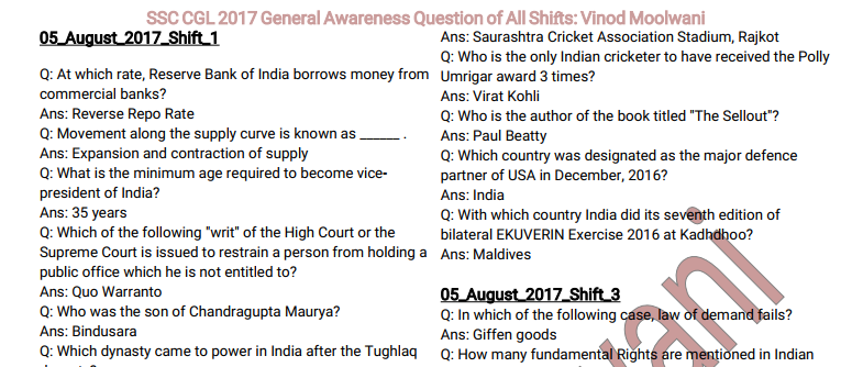 Ssc Cgl General Awareness Questions And Answers Pdf