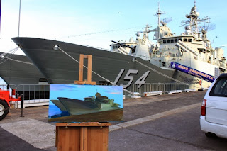 plein air oil painting of HMAS Perth and HMAS Parramatta at Barangaroo wharf during International Fleet Review by artist Jane Bennett