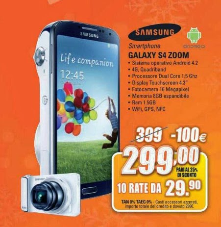 Doppio vantaggio sul Galaxy S4 ZOOM di Samsung venduto al miglior prezzo di 299 euro con finanziamento a tasso zero