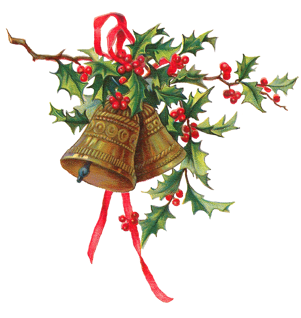 Antique Images Christmas Holly Gold Bells Printable Clip Art