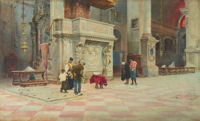 Artwork, XIX century art, watercolours, "Peasant child's funeral, Chioggiaby" Alexandre Nicolaïevitch Roussoff, 1882.