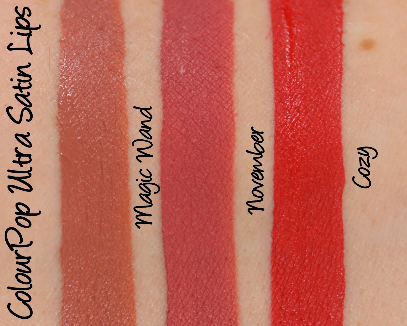 ColourPop Ultra Satin Lips Magic Wand, November and Cozy Swatches