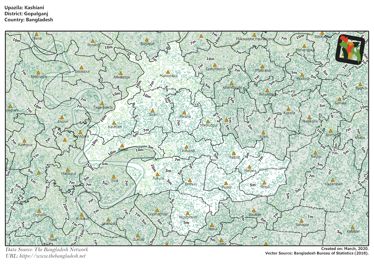 Kashiani Upazila Elevation Map Gopalganj District Bangladesh