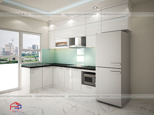 Những bộ tủ bếp acrylic màu trắng với bề mặt sáng bóng rất được ưa chuộng với những thiết kế nội thất phòng bếp chung cư thiet-ke-noi-that-phong-bep-chung-cu-16
