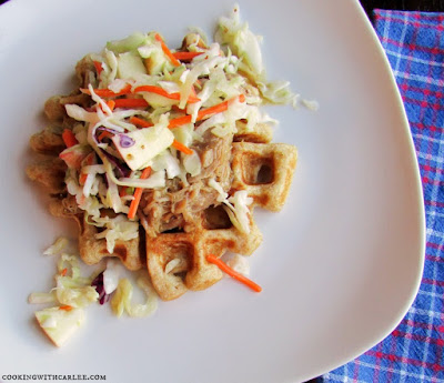 These delicious waffles are made with apple cider to bring the taste of fall to your table. Can be made sweet or savory! waffle topped with pulled pork and coleslaw