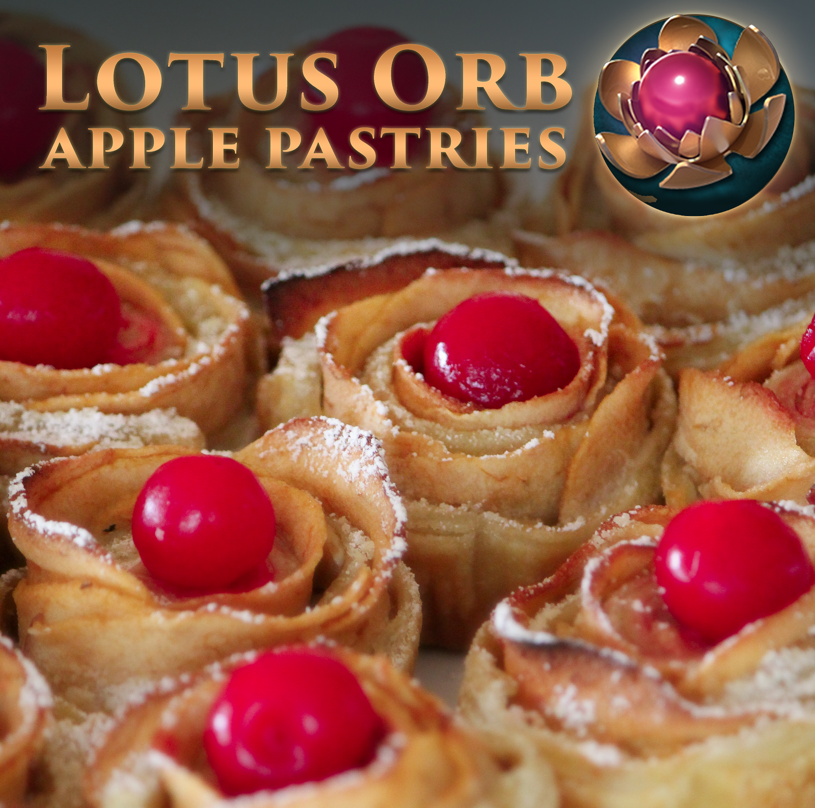 Dota 2 Lotus Orbs made from apples and puff pastry, topped with a cherry! Situational item, core for a Dota 2 party.