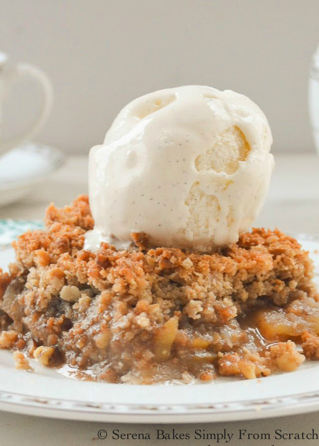Apple Crisp is an easy to make fall favorite comfort food. It it a simple enough recipe to make for any night of the week for dessert, but also a favorite for the Thanksgiving and Christmas dessert table from Serena Bakes Simply From Scratch.