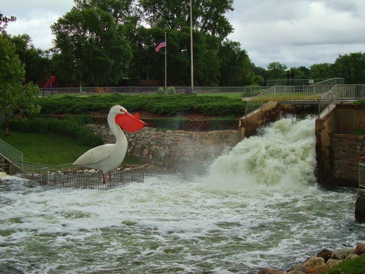 pelican sculpture and falls in Pelican Rapids, Minnesota