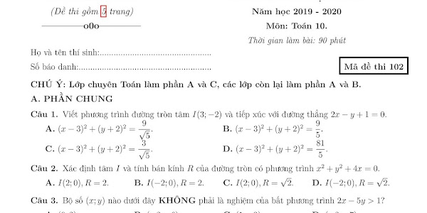 Đề thi học kì 2 Toán 10 năm học 2019-2020 chuyên Hạ Long