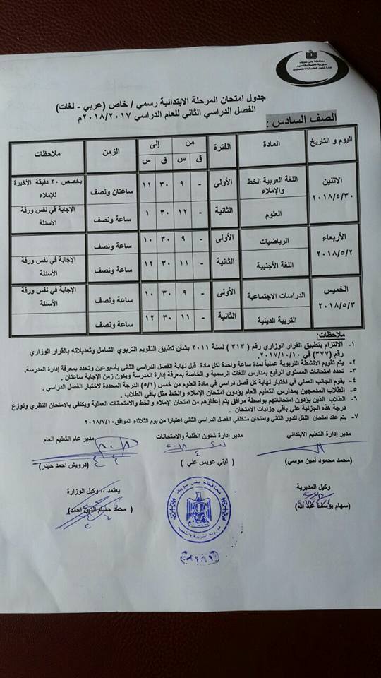 جدول امتحانات الصف السادس الأبتدائي محافظة بني سويف الترم الثاني 2018 "آخر العام"
