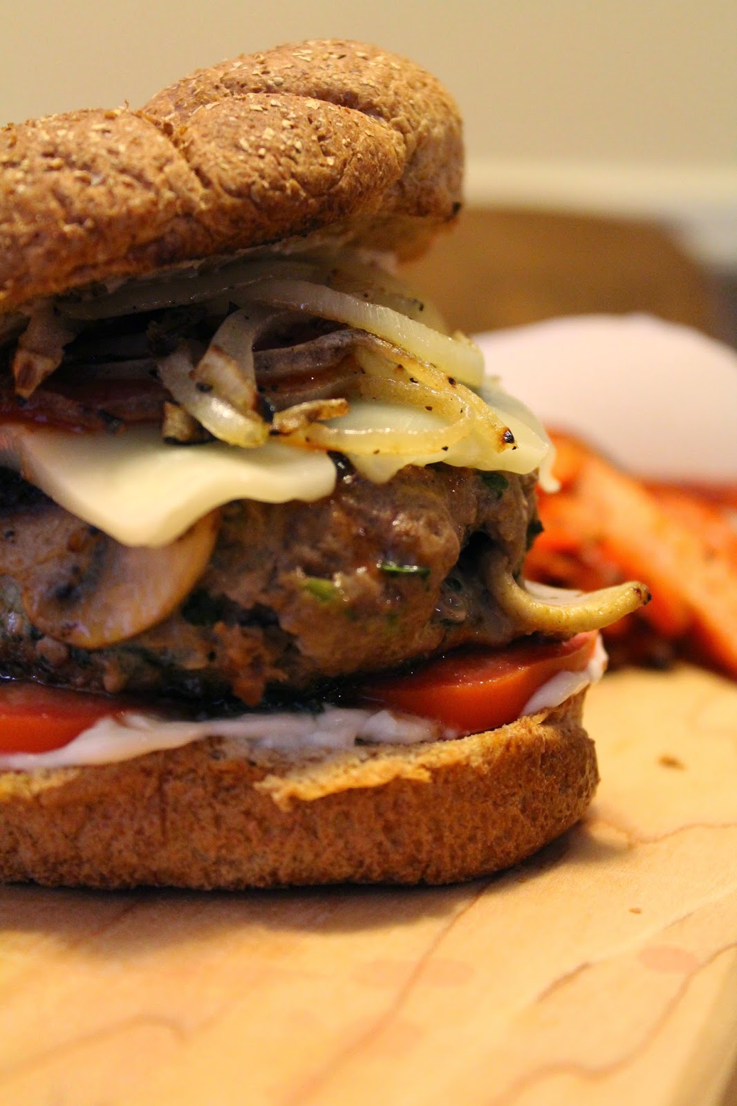 The taste of Myriam Beef, mushroom, spinach hamburger & French fries
