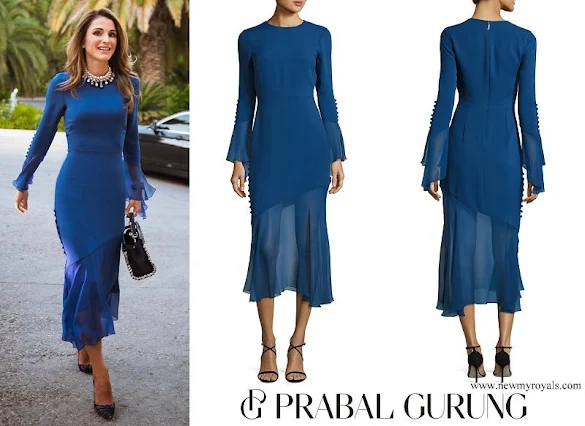 Queen Rania wore Prabal Gurung Bell Sleeve Silk Midi Dress with Asymmetric Skirt