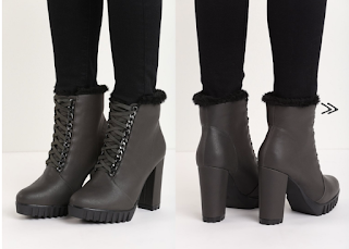 Botine elegante cu toc gros de iarna ieftine moderne Negre/Gri Botine elegante cu toc gros de iarna ieftine moderne Negre/Gri