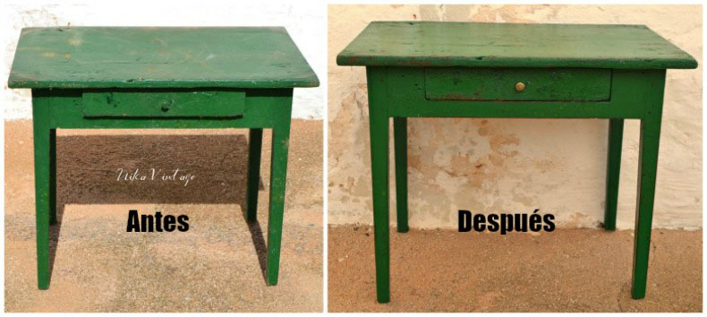Recuperamos una mesa tocinera pintada de verde, en este antes y después intentaré respetar y resaltar ese tono verde