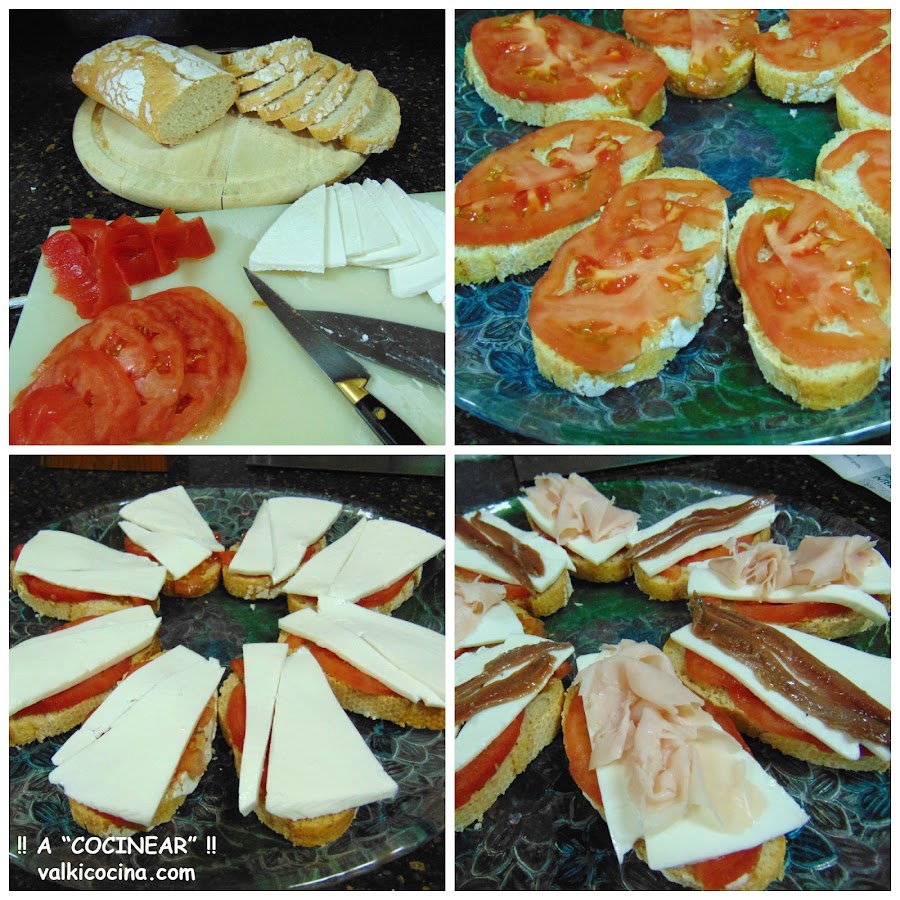 Montaditos o tostas de queso fresco con anchoas y pavo