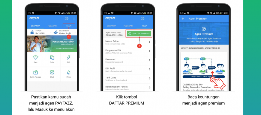 Cara Menjadi Agen Premium Payfazz Cara Menjadi Agen Premium Payfazz - Saat ini banyak orang telah menggunakan payfazz untuk memenuhi kebutuhan sehari-hari seperti pembelian pulsa, data internet, pembelian token listrik, belanja online, dll. Tidak hanya itu bagi yang ingin mendapatkan banyak keuntungan dari payfazz selain jual pulsa dan PPOB mereka akan memilih untuk menjadi Agen Premium Payfazz. Hal ini dikarenakan payfazz memiliki program menguntungkan untuk setiap agen premium seperti hadiah ponsel, sepeda motor, umrah, dan mendapatkan mobil. Sebelum mendaftar menjadi Agen Payfazz Premium terutama yang belum terdaftar sebagai Agen Payfazz silakan baca tulisan saya sebelumnya mengenai: Baca: Cara Daftar Payfazz Gratis *Penting! Sebelum menjadi Agen Premium pastikan teman-teman sudah terdaftar sebagai Agen Payfazz non premium dan aktif melakukan transaksi dengan payfazz. Jika belum silakan untuk mendaftar payfazz terlebih dahulu secara gratis Selain itu, mencoba dan mendaftar menjadi agen payfazz sebaiknya dipikirkan matang-matang dan kalau perlu dipelajari baik-baik. Hal ini serupa dengan banyak dijumpai komplen agen yang bertanya mengapa mereka tidak mendapatkan cashback Rp 50,- saat mereka melakukan transaski? Sementara agen lain mendapatkan cashback transaksi. Apakah mereka harus menjadi Agen Premium terlebih dahulu? Nyatanya masalah tersebut terjadi karena saat mendaftar payfazz mereka tak mencantumkan kode referal agen yang mengajak mereka atau agen yang mempromosikan payfazz ke mereka. Hal ini dikarenakan kode referal adalah kode khusus dari program payfazz untuk memberikan keuntungan tambahan bagi Agen premium dan Agen Downline. Oleh karena itu saat pertama kali mendaftar payfazz selalu masukkan referal agen yang mengajak kalian agar memiliki kesempatan mendapatkan caseback transaski sebesar Rp 50, ini lumayan untuk memangkas transaksi menjadi lebih murah di payfazz. Baca Juga: Mengapa Memilih Payfazz? Apa Manfaat dan Keuntungannya? Untuk menjadi Agen Premium Payfazz dan mendapatkan kode referal payfazz secara instan dapat dilakukan dengan melakukan upgrade akun ke premium dengan kisaran biaya Rp 100.000,- pada saldo payfazz kita. Cara Menjadi Agen Premium Payfazz dengan Upgrade Akun dari Saldo Payfazz Rp 100.000,- **Proses upgrade akun menjadi Agen Premium Payfazz mohon dibaca dengan saksama, gambar hanyalah sebagai ilustrasi untuk mempermudah teman-teman daftar agen premium payfazz... Pastikan Saldo teman-teman di Payfazz Cukup atau Lebih dari Rp 100.000 Setelah login ke payfazz silakan cari menu "AKUN" untuk Payfazz Versi terbaru menu akun terdapat di bagian bawah aplikais sebelah kanan dengan gambar Icon "Orang" Selanjutnya silakan teman-teman pilih dan klik "DAFTAR PREMIUM" Baca Terlebih dahulu program Agen Premium yang akan diikuti! Langkah Selanjutnya! Silakan scrool ke bawah dan pilih "DAFTAR PREMIUM SEKARANG" Baca Syarat dan Ketentuan kemudian silakan klik "YA, SAYA MENGERTI DAN BERSEDIA" Selamat teman-teman telah berhasil Upgrade Akun ke Premium, Saldo di Payfazz akan terpotong Rp 100.000,- Setelah berhasil Upgrade akun payfazz menjadi Agen Premium. Teman-teman akan mendapatkan kode referal payfazz agen. Gunakan kode referal tersebut untuk merekrut agen payfazz lain dan raup keuntungan lebih tinggi lagi. Jangan Lewatkan: Keuntungan Agen Premium Payfazz dan Agen Non Premium Payfazz Sekian semoga ulasan singkat mengenai cara menjadi agen premium payfazz bisa membantu teman-teman agen yang saat ini sedang ingin mendapatkan keuntungan tambahan dengan menjadi Agen Payfazz Premium. Selamat dan Sukses untuk teman-teman Payfazz di seluruh Indonesia. Dan Semoga Payfazz akan makin lebih baik dengan meningkatkan pelayanannya untuk menciptakan kenyamanan Agen dan Pembeli. Salam...
