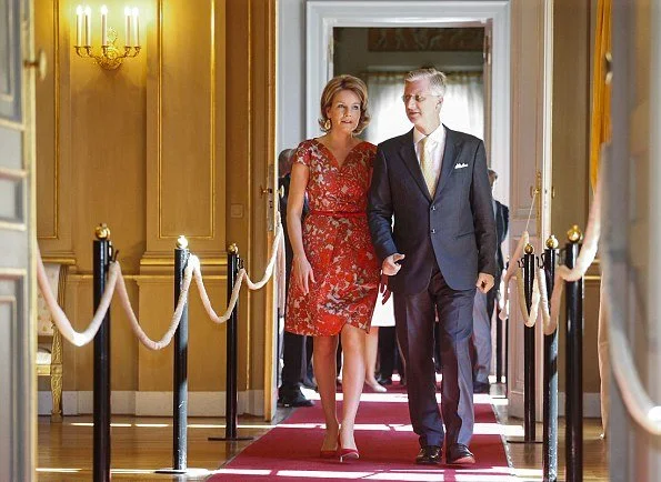King Philippe and Queen Mathilde visited the exhibition of science and culture (Science et culture au Palais) at Royal Palace Queen Mathilde wore Paule Ka dress