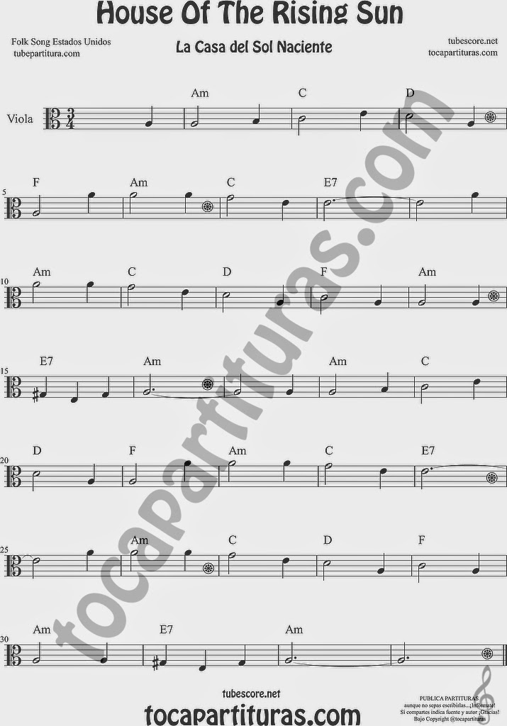  La Casa del Sol Naciente Partitura de Viola Sheet Music for Viola Music Score
