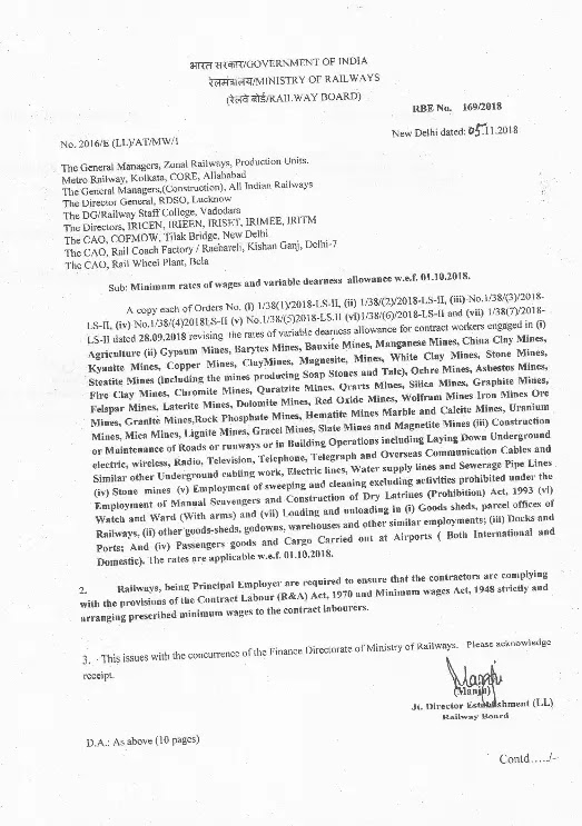 RBE No. 169/2018: Minimum rates of wages and variable dearness allowance w.e.f. 01.10.2018 RBE No. 169/2018: Minimum rates of wages and variable dearness allowance w.e.f. 01.10.2018