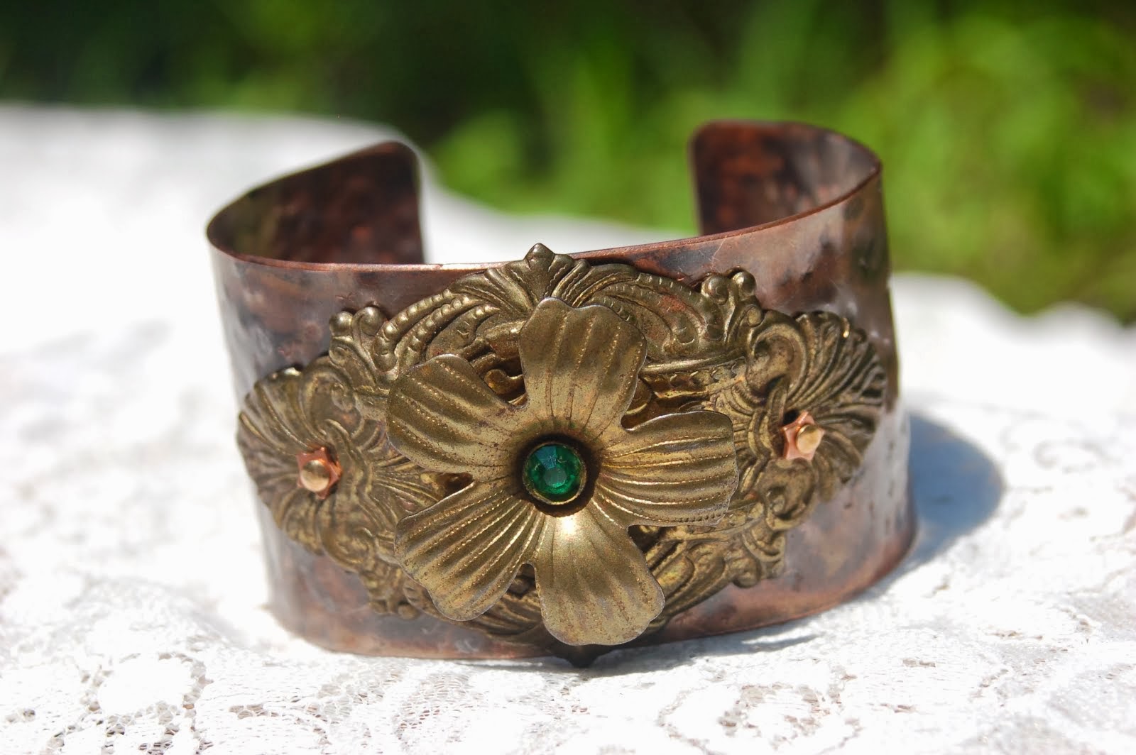 Copper cuff bracelet with vintage pin