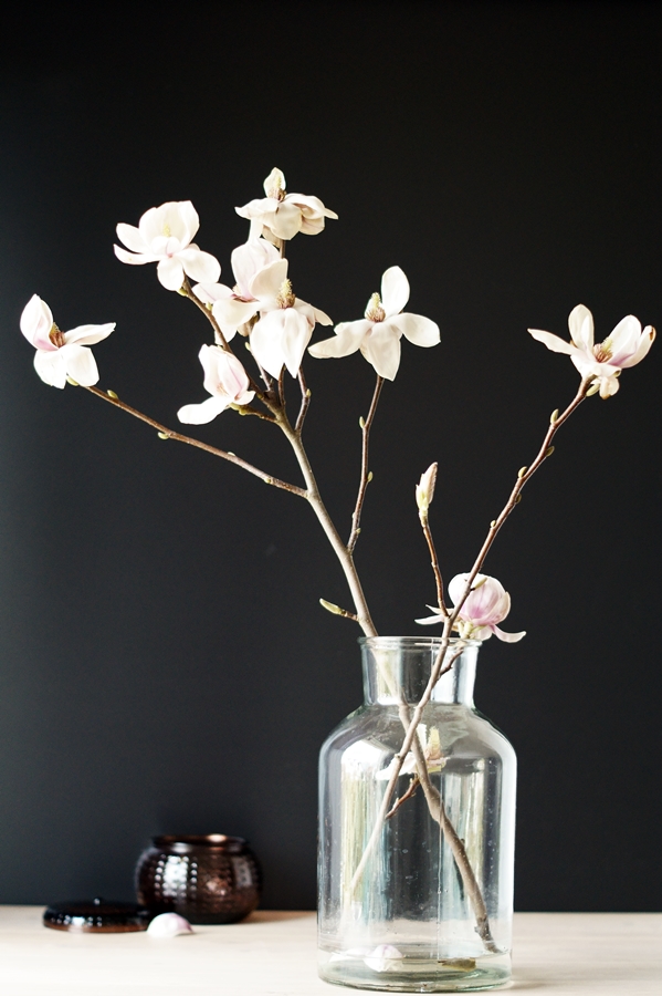 Magnolienzweig mit Deko in einer schlichten Vase