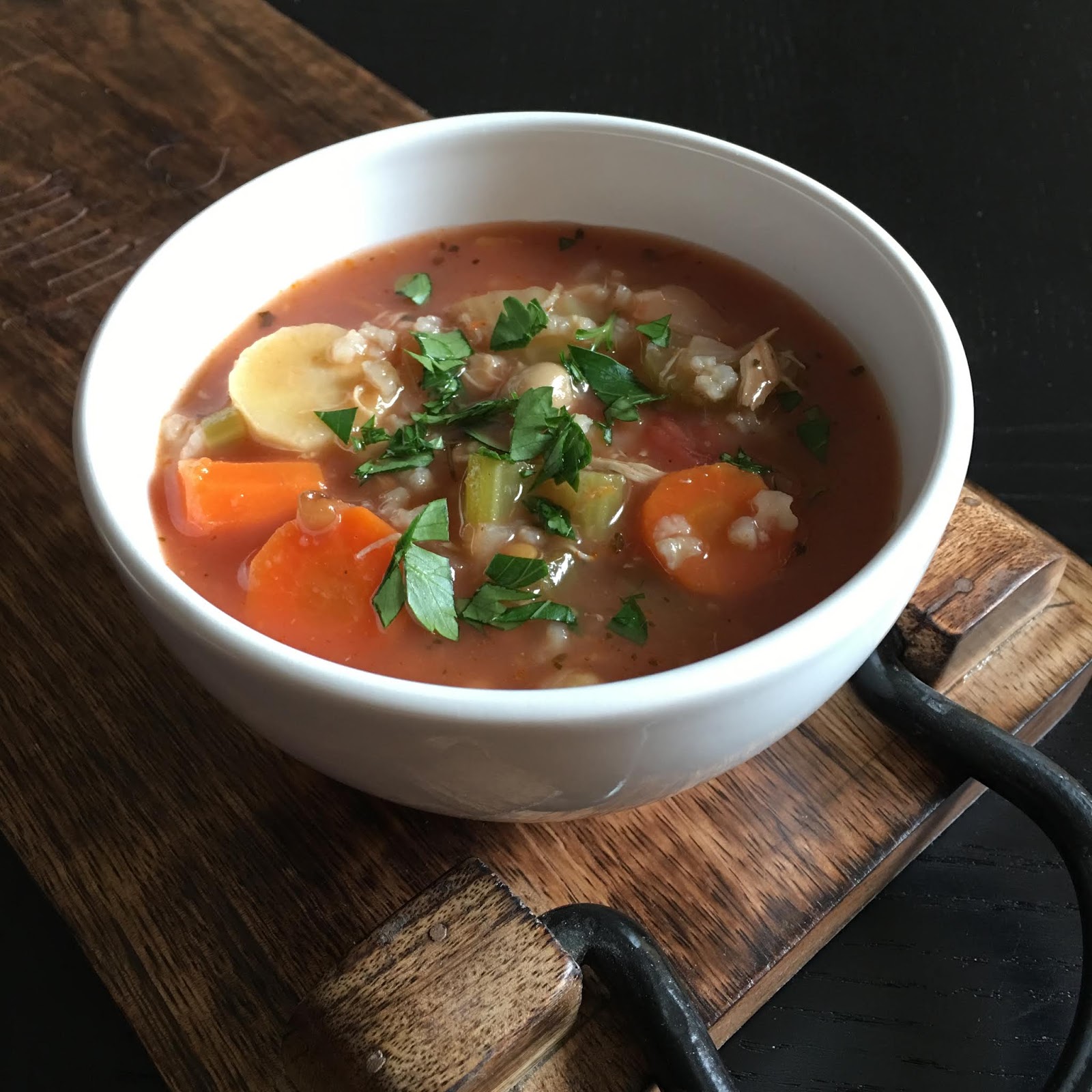 Mediterranean Chicken, Chickpea, Lentil, and Rice Soup