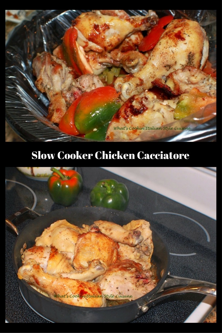 Slow Cooke Chicken Cacciatore Recipe chicken in a crockpot slow cooked with peppers, tomatoes and spices making a rich finger licking good tomato sauce this is a classic Italian dish