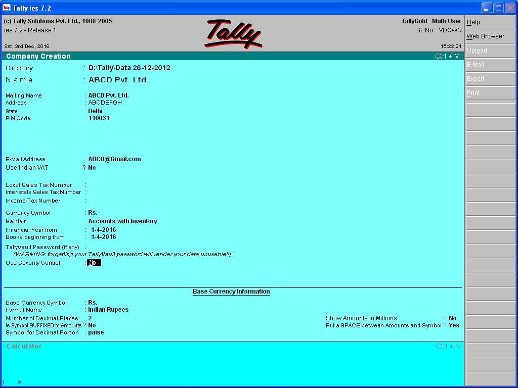 Tally 7.2 Shortcut Keys