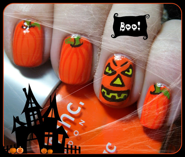 Halloween Jack-O-Lantern and Pumpkins Nail Art | Pointless Cafe
