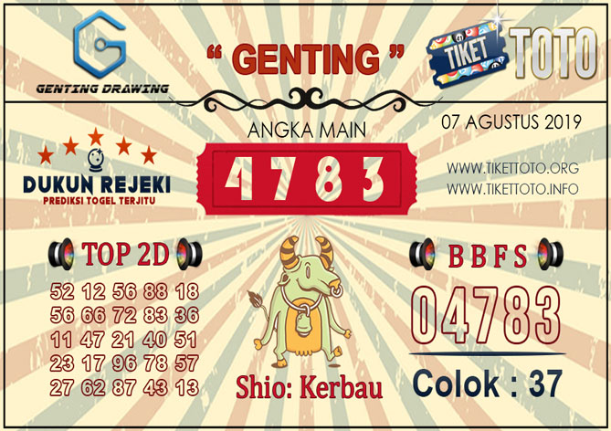 Prediksi Togel GENTING DRAWING TIKETTOTO 07 AGUSTUS 2019