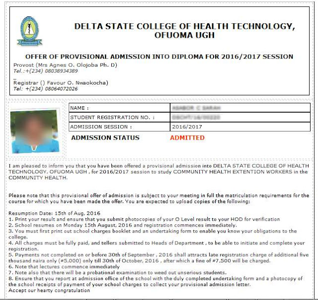 School of Health Technology Ofuoma Admission Letter School of Health Technology Ofuoma Admission Letter