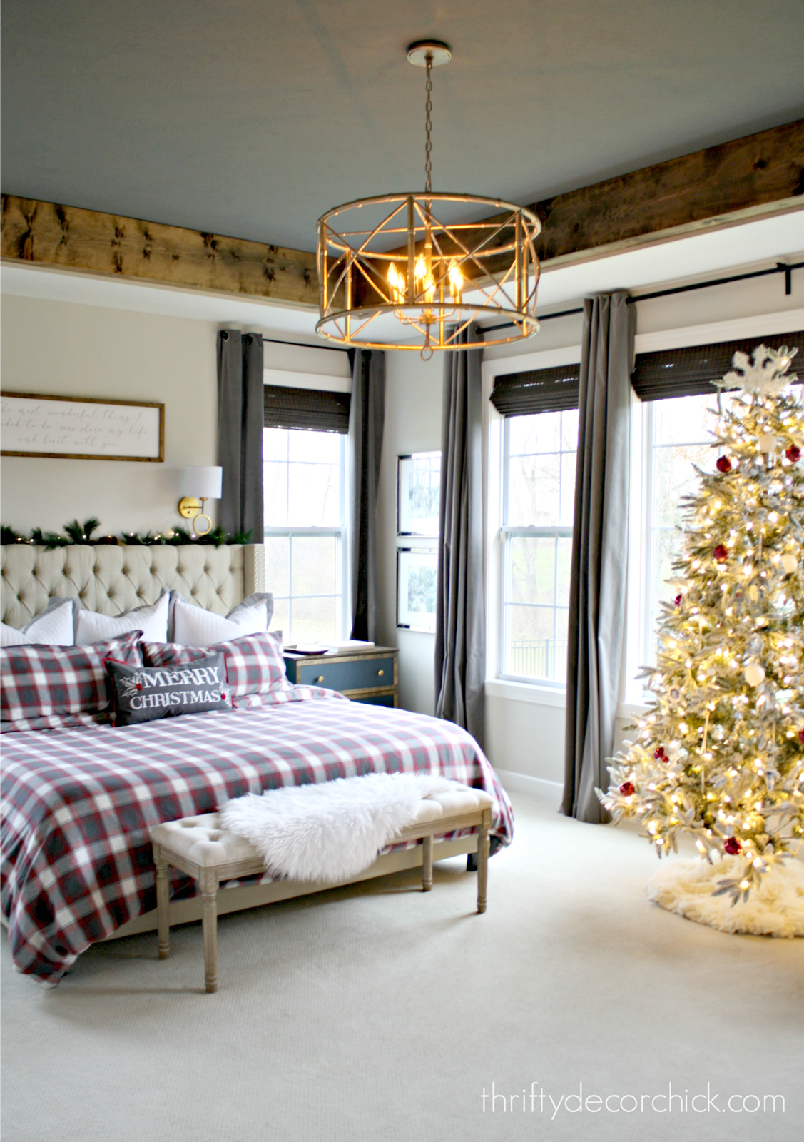 Wood beams and dark tray ceiling 