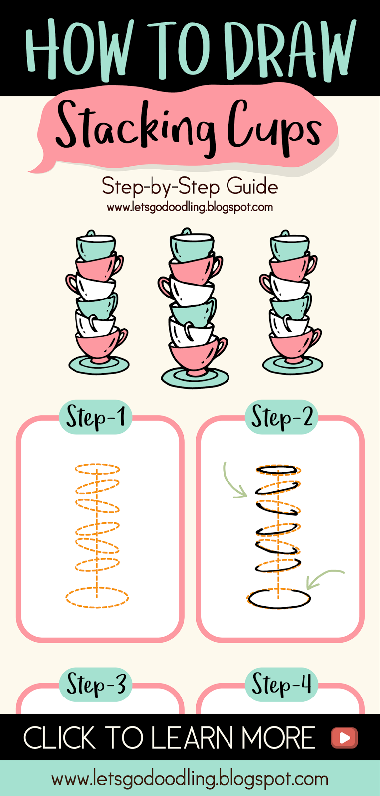 How To Draw Stacking Tea Cups Easy Step By Step Drawing Tutorial