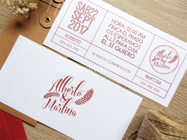 Invitación moderna y sencilla Una invitación de boda moderna y sencilla estilo entrada tipográfica con sello de los novios y decoración vegetal