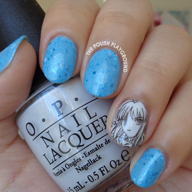 Blue Crelly with Anime Stamping Accent Nail Art