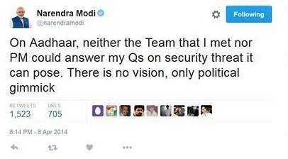 On Aadhaar, neither the Team that I met nor PM could answer my Qs on security threat it can pose. There is no vision, only political gimmick