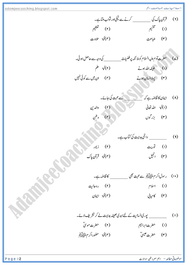 important-mcqs-islamiat-10th-