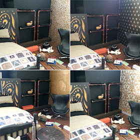 Set of four pictures of one-twelth modern miniature room, with each picture having a slightly different piece of scrapbooking paper on the right-hand wall.