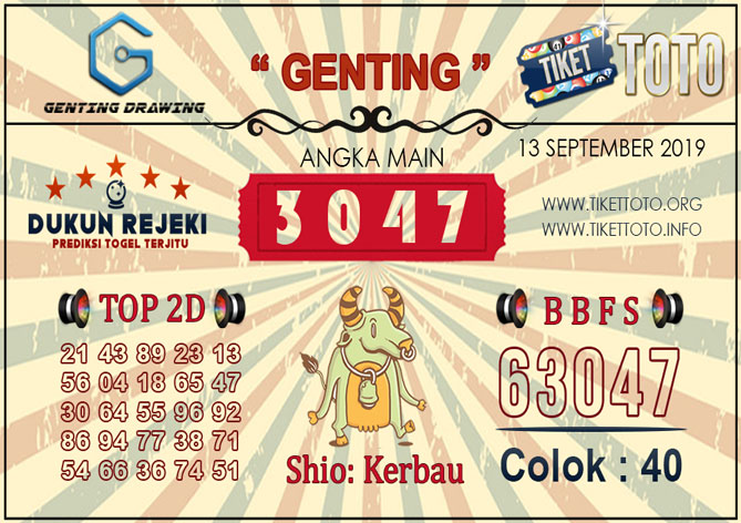 Prediksi Togel GENTING DRAWING TIKETTOTO 13 SEPTEMBER 2019