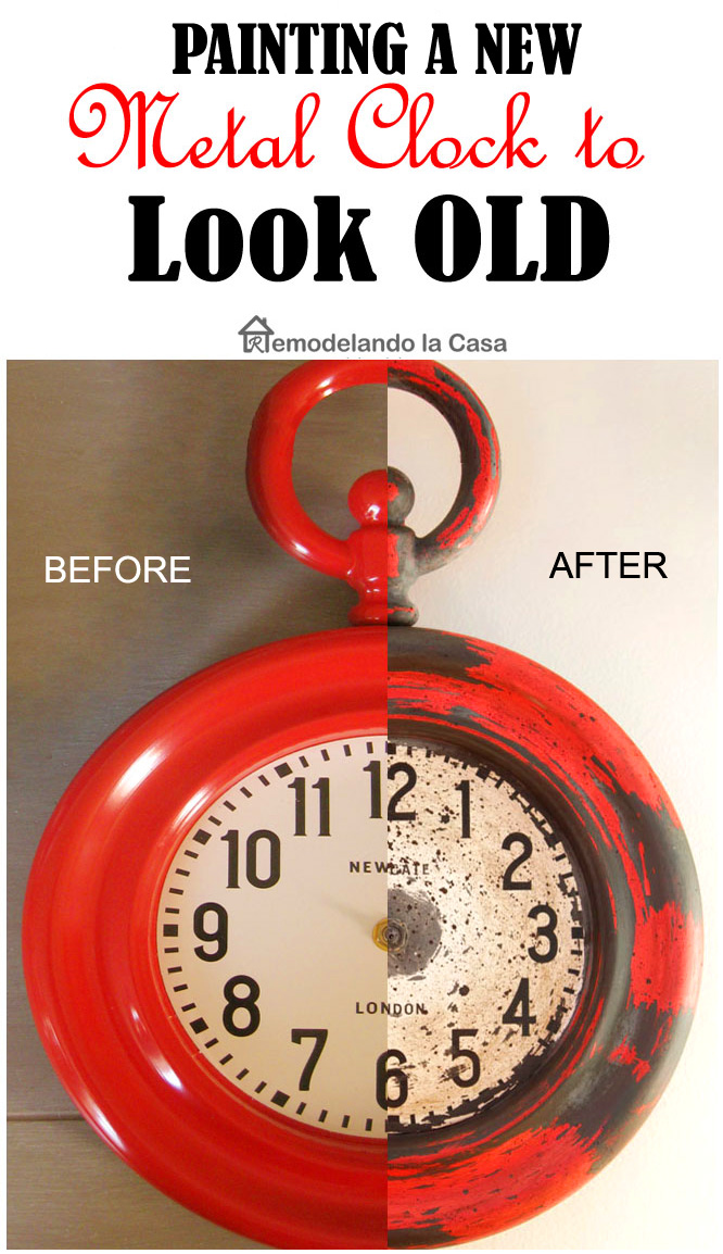 red clock before and after giving it a painted vintage look