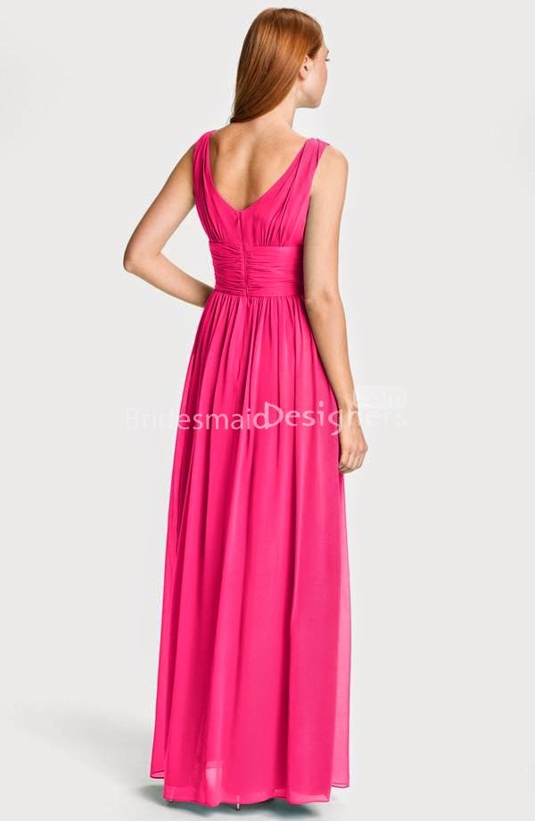 Fuschia Chiffon V-neck Sleeveless Long A-line Empire Bridesmaid Dress-2