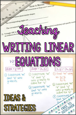 Teaching students how to write linear equations is my favorite unit.  There’s ample opportunity for exploration and discovery, applications, and extensions!