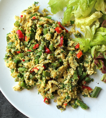 Scrambled duck eggs with green beans, red pepper, and fresh herbs