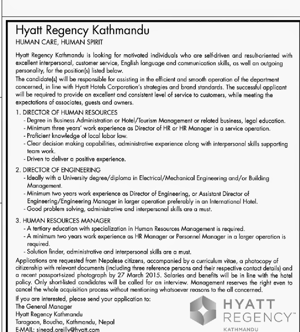 Director of Engineering Position Job Vacancy Hyatt Regency Kathmandu