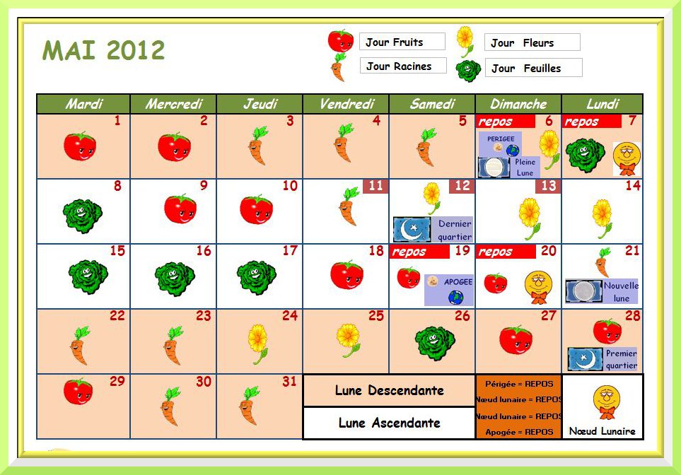 CALENDRIER LUNAIRE DE MAI 2012
