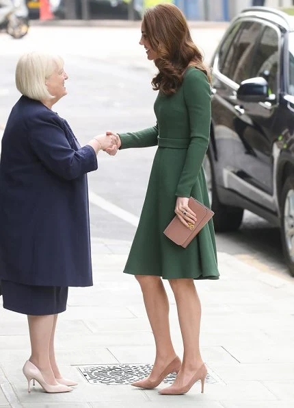 Kate Middleton in a custom forest green Emilia Wickstead dress, Mulberry bag and Gianvito Rossi heels